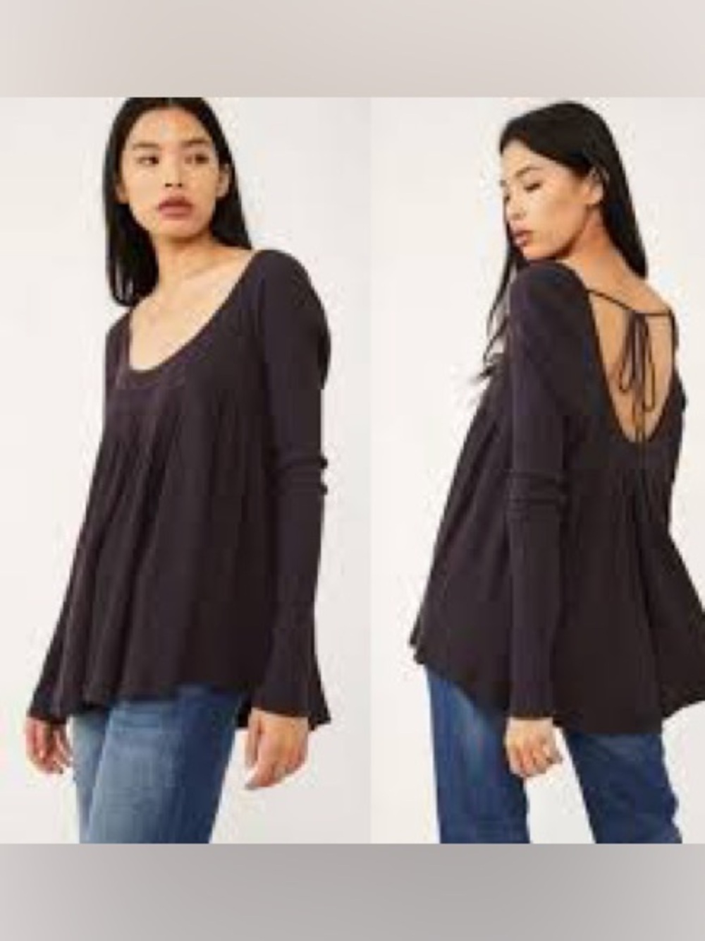 Free People Black Ribbed Babydoll Top Open Back Tie Long Sleeve Boho size small